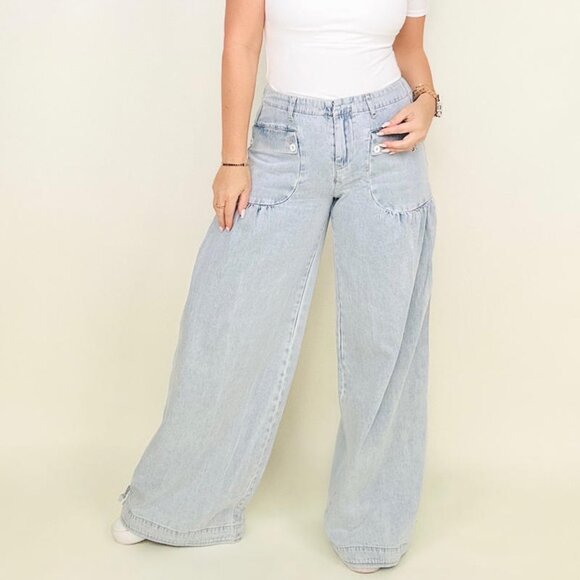NWOT Washed Denim Wide Leg Pants With Tie Hem Detail - Picture 1 of 4